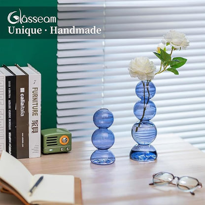 Glasseam Bubble Glass Vase Set of 2, Light Blue, Aesthetic Decorative Vases for Home Decor, Centerpieces, Round Bud Vases for Dining Table Decorations