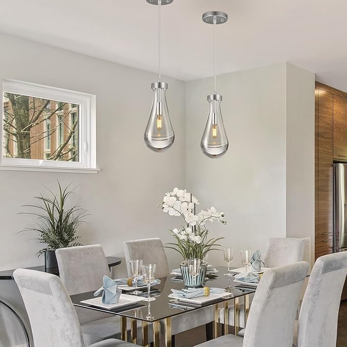 Raindrop Pendant Lights Kitchen Island Set of 3 Teardrop Chrome Hanging Light Fixtures Clear Solid Glass Pendant Light Modern Chandeliers for Dining Room Porch Corridor Living Room