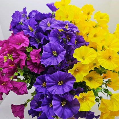 Artificial Silk Flowers for Outdoor Decoration,12 Bundles Faux Flowers Colorful Morning Glory with Eucalyptus Fake Plants Greenery UV Resistant for Outside Front Door Planter Porch Patio Yard