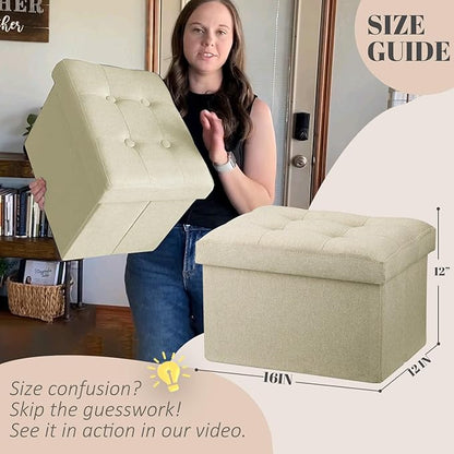 LINMAGCO Ottoman Storage Ottoman with Storage Small Foot Rest Stool Under Desk Stool Short Folding Footrest Linen Cloth Beigh 16X12X12IN