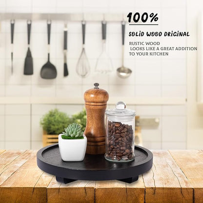 Round Decorative Tray Wood Bathroom Counter Organizer Farmhouse Kitchen Decor Wooden Riser for Soap Dish, Perfume, Candle, Sponge, 9" - Black