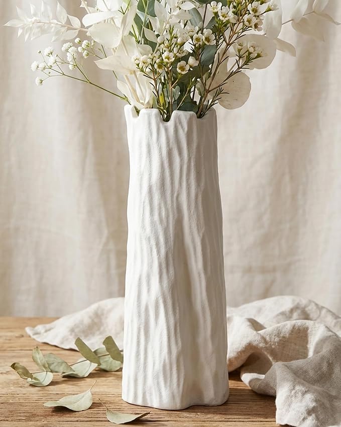 10.7 Inch White Ceramic Vase, Organic Nature Shape, OOSTONEE Boho Nordic Modern Style White Flower Vase, Shelf, Home, Living Room, Coffee Table Centerpiece, Ceramic vases for Home Decor