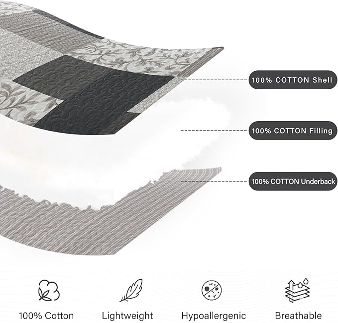 PERHOM Queen Size Quilt Set, 3 Pieces Queen 100% Cotton Quilted Comforter Set with 2 Pillow Shams, Farmhouse Plaid Botanical Pattern, Lightweight Reversible Coverlet Bedspread, Charcoal/Khaki/Beige