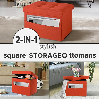 LINMAGCO Storage Ottoman Folding Foot Stool Foot Rest with Side Pocket Modern Ottoman with Storage Short Sofa Stool Linen Cloth 17x13x13(Orange)