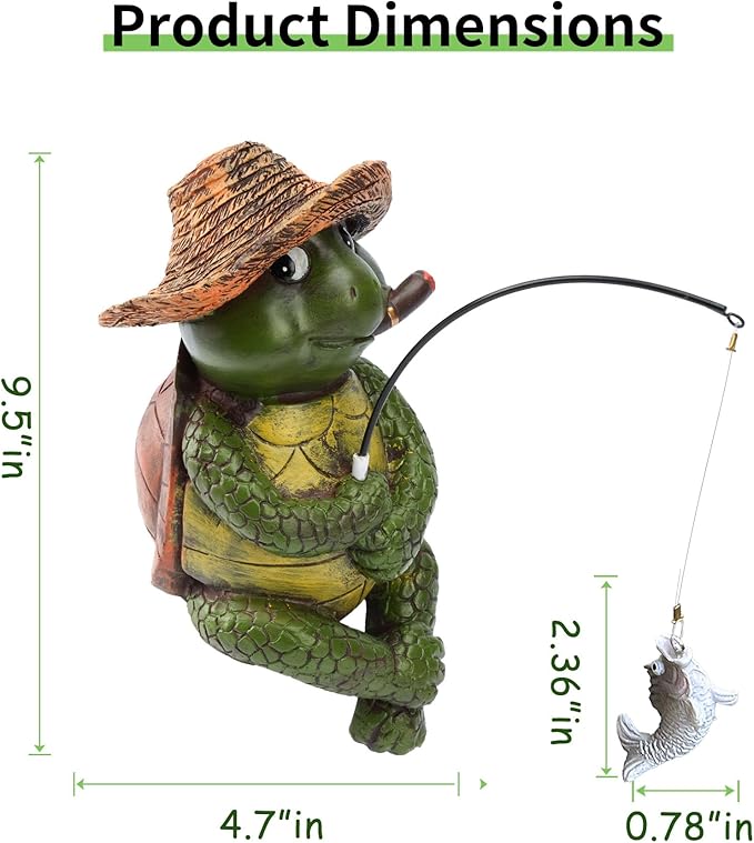 9.5" Turtle Fishing Sculptures & Statues, Whimsical Yard Art, Funny Pond Fisherman, Cute Outdoor Ornament, Unique Gift for Turtle Fishing Lovers