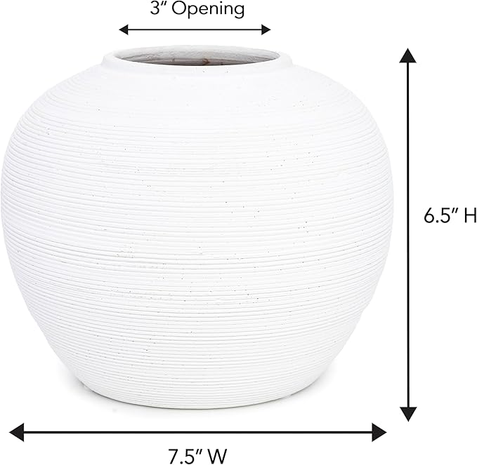 Off-White Vase with Subtle Ribbed Textured-Modern Minimalist Decorative Vase for Dried Flowers, Elegant Table Decor for Shelf Fireplace Mantel [7.5” W x 6.5” H]
