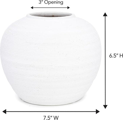 Off-White Vase with Subtle Ribbed Textured-Modern Minimalist Decorative Vase for Dried Flowers, Elegant Table Decor for Shelf Fireplace Mantel [7.5” W x 6.5” H]