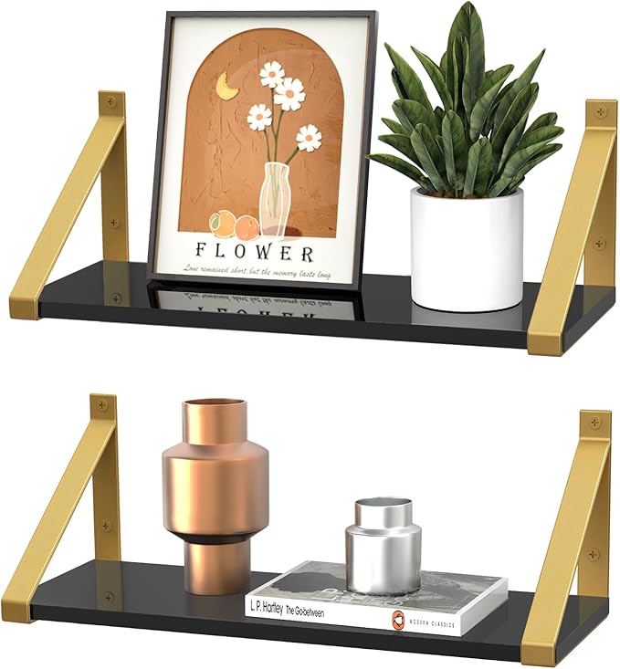 Gold Black Floating Shelves Wall Mounted Set of 2, 8mm Transparent Acrylic, Invisible Wall Shelves for Bedroom, Living Room, Bathroom, Kitchen, Office Display Decor (13in)