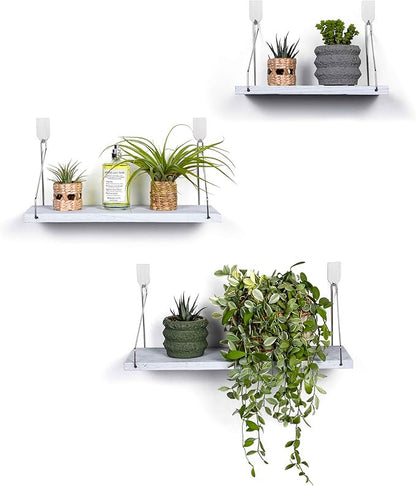 MITIME Floating Shelves Set of 3 Rustic Solid Wood Floating Shelf Wall Storage Shelves for Living Room, Bedroom, Bathroom, Kitchen Laundry, Office,no Drill Shelf(Grey and White Colour L+M+S)