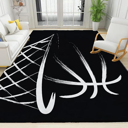 Black Basketball Hoop Area Rug, Abstract Blue Frame Dunk Non Slip Easy Care Kids Rugs, Breathable Durable Carpet for Indoor Bedroom Living Room Office Decor Rug - 3 ft x 5 ft