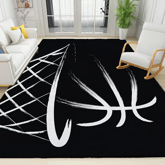Black Basketball Hoop Area Rug, Abstract Blue Frame Dunk Non Slip Easy Care Kids Rugs, Breathable Durable Carpet for Indoor Bedroom Living Room Office Decor Rug - 4 ft x 6 ft