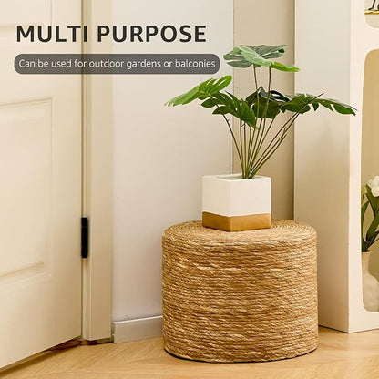 Wimarsbon Round Pouf Ottoman, Natural Hand Knitted Footrest Poof, Rustic Lounge Pouffe, Boho Pous Foot Stool, Accent Table or Seat (Natural Cattail, 15.7 * 15.7 * 11.8)
