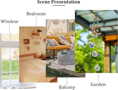 H&D HYALINE & DORA Handmade Crystal Moon&Star Prisms Suncatchers, Glass Window Hanging Ornament, Rainbow Rhinestones Decor for Home Garden Imitation Jewellery