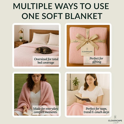 Cloud Scape Linen Extra Large 8 Layer Muslin Throw Blanket - 100% Cotton Gauze, Soft and Breathable, Winter Blanket for Couch, Sofa and Bed, Idea, 50x70, Seashell Pink