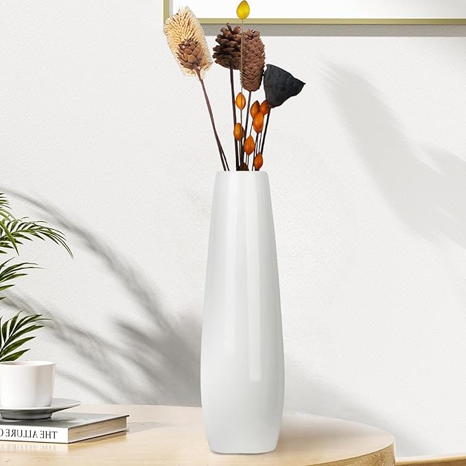 12Inch Tall White Ceramic Flower Vase,Home Decor White Vases for Pampas Grass,Modern Textured Vases for Living Room Decorations,Shelf,Table Centerpieces,Farmhouse Small Ceramic Vase