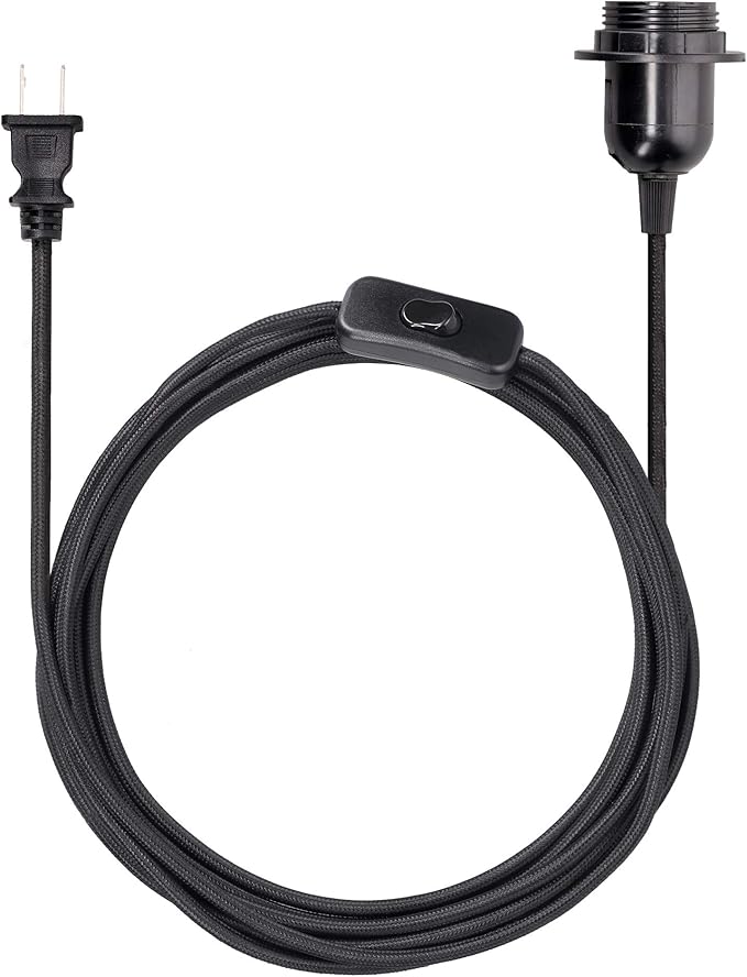 kwmobile Plug-in Light Cord - 15ft Long Fabric Pendant Lamp Cable with Plug, E26 Socket - for Hanging DIY Ceiling Lighting - Black