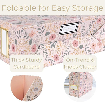 BLU MONACO Foldable Magazine File Set of 4 with Floral Boho Design – Decorative Cardboard Magazine Organizer for Home, Office & Dorm Room – Artistic Magazine Storage Solution