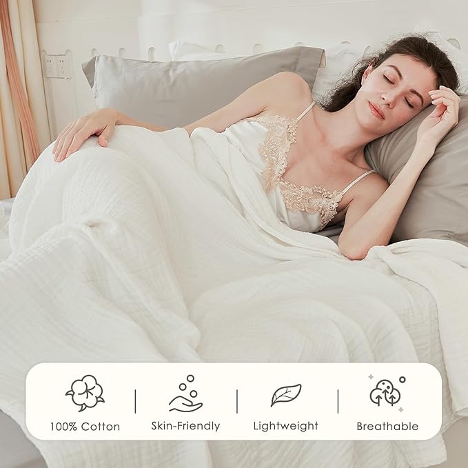 EMME Cotton Blanket Queen Size for Bed Soft Large Muslin Bed Bedspread 90"x90" Lightweight Breathable White Blanket All Season Gauze, White