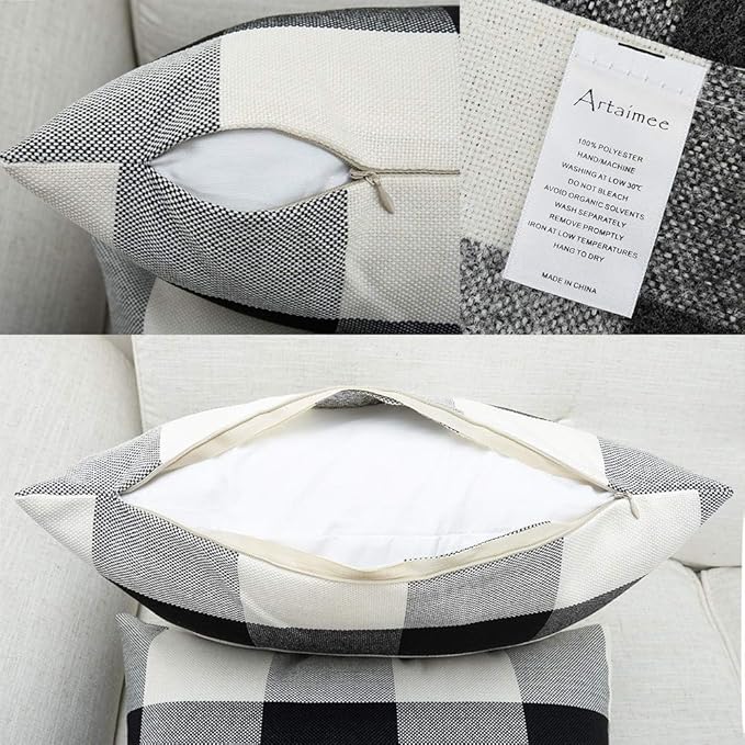 Artaimee Black and White Buffalo Check Plaid Throw Pillow Covers 18x18 Set of 2 – Decorative Farmhouse Cushion Covers for Sofa, Couch, Bed & Patio – Cotton Linen Pillow Cases with Hidden Zipper