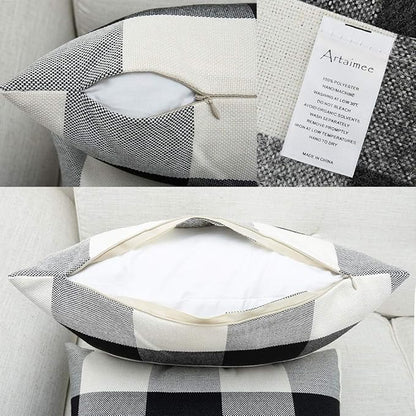 Artaimee Black and White Buffalo Check Plaid Throw Pillow Covers 18x18 Set of 2 – Decorative Farmhouse Cushion Covers for Sofa, Couch, Bed & Patio – Cotton Linen Pillow Cases with Hidden Zipper