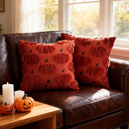 Fall Pumpkin Decorative Throw Pillow Covers 20x20 Set of 2 Pillow Covers, Faux Fur Square Pillow Cover Fluffy Plush Accent Throw Pillow Case, Throw Pillow Cover Cushion Cover for Autumn, Rust Red