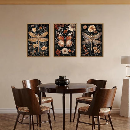Large Vintage Butterfly and Dragonfly Wall Decor Framed Canvas Wall Art,Retro Dark Animal Floral Wall Decor, Moody Insect Wildflowers Botanical Artwork for Living Room,Bedroom,office-16 x24 x3