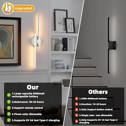 Rechargeable Battery Operated Wall Sconce Set Of Two, Chrome Wireless LED Wall Sconces With Remote Control, Dimmable 3 Colors Cordless wall lights for Living Room, bedroom, Hallway, 23.6 Inch ( 2pcs)