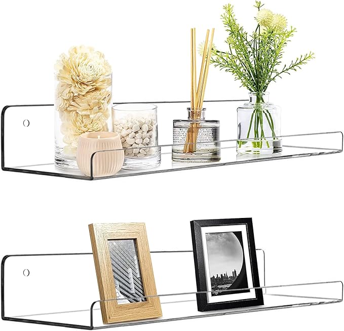 Cerpourt Acrylic Floating Wall Ledge Shelf, Clear Bathroom Storage Shelves Display,Acrylic 15" Invisible Bookshelf (2pack)