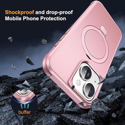 Compatible with iPhone 15 Plus Case with Invisible Magnetic O-Ring Stand Military-Grade Case for iPhone 15 Plus 6.7" [Compatible with Mag-Safe][Great Grip Feeling], Rose Gold