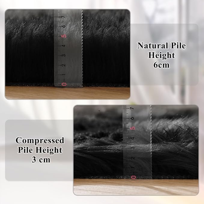 Black Washable Fluffy Area Rugs for Bedroom Shaggy Faux Sheepskin Fuzzy Fur Carpet for Living Room Hallway Nursery Rugs Runner 2x6