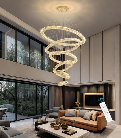 Modern Chandelier 8"+16"+24"+32"+40"+47" 6 Rings Crystal LED Dimmable Lighting Foyer Entryway High Ceiling Living Room Chanderliers Pendant Lights Fixtures Gold Light