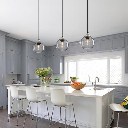 Light Grey Glass Pendant Lights Kitchen Island Globe Pendant Light Fixtures Modern Pendant Lighting for Bedroom Living Dining Room Light Fixture (5.9 in, 2 Pack)