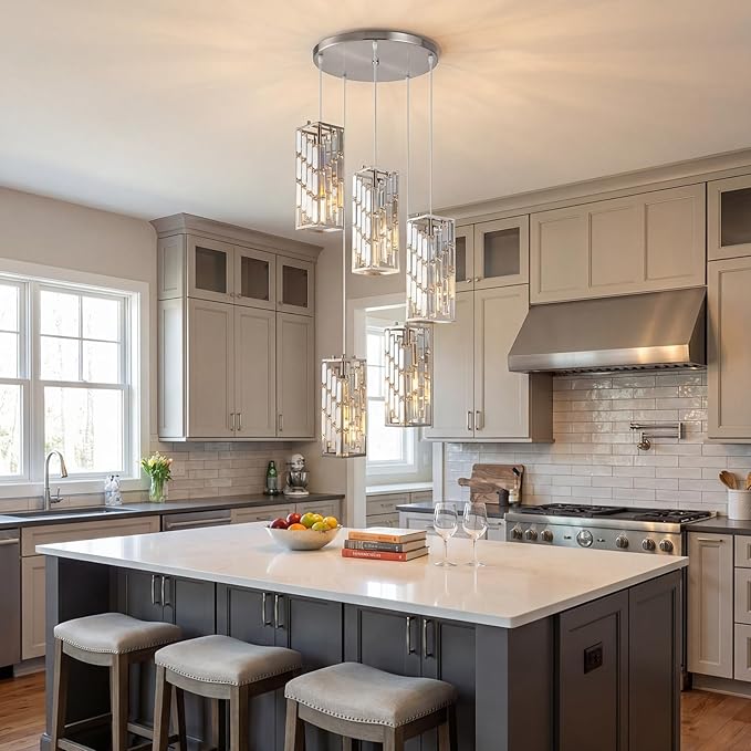 Brass Nickel Pendant Lighting Modern Pendant Light, Mini Crystal Chandeliers,Adjustable Pendant Light Fixture for Kitchen Island Dinning Room Bedroom (5 Light)