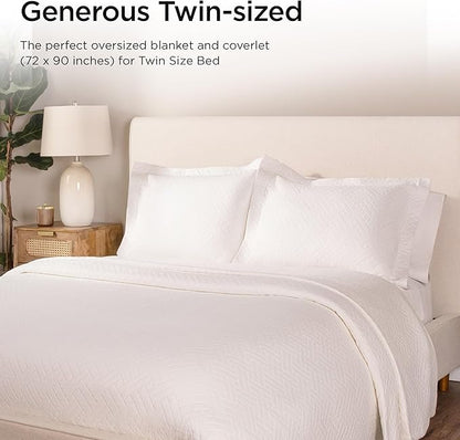 Threadmill Luxury Cotton Blankets for Twin Size Bed | All-Season 100% Cotton Twin Blanket for Bed | Criss Cross Jacquard Lightweight, Soft & Cozy Coverlet, 350GSM, 68 x 90 inches | White