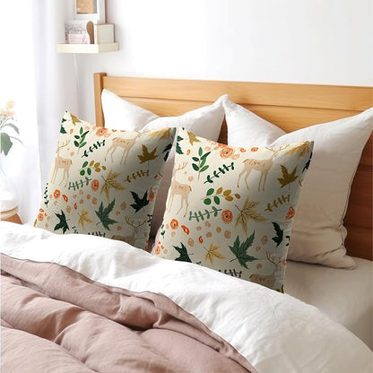 Deer Fall Pillow Covers 20x20 Set of 2 Green Cream Maple Leaf Autumn Outdoor Christmas Pillows Case Animal Print Pattern Decorative Xmas Cushion Cover Rustic Decoration Farmhouse Sofa Couch Bed Decor