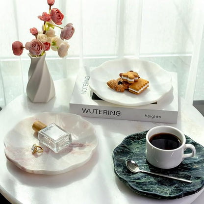 Koville Marble Tray, 8" Round Marble Vanity Tray for Jewelry Trinket Perfume, Natural Stone Tray for Bathroom Kitchen Dresser Countertop, Scalloped Decorative Tray for Home Table Decor(Namibia Rose)