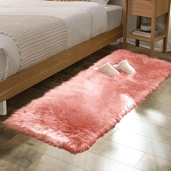 Pink Faux Sheepskin Fluffy Fur Rugs for Bedroom Machine Washable Fuzzy Area Rugs for Living Room Runner Rugs for Hallway 2x6