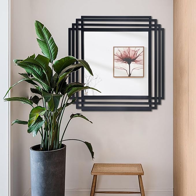 Modern Vanity Mirror, 24"x24" Geometric Art Deco Mirror with Black Metal Frame, Square Elegant Wall Mirrors for Living Room Bathroom Bedroom Entryway Hallway Fireplace