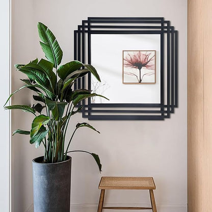 Modern Vanity Mirror, 24"x24" Geometric Art Deco Mirror with Black Metal Frame, Square Elegant Wall Mirrors for Living Room Bathroom Bedroom Entryway Hallway Fireplace