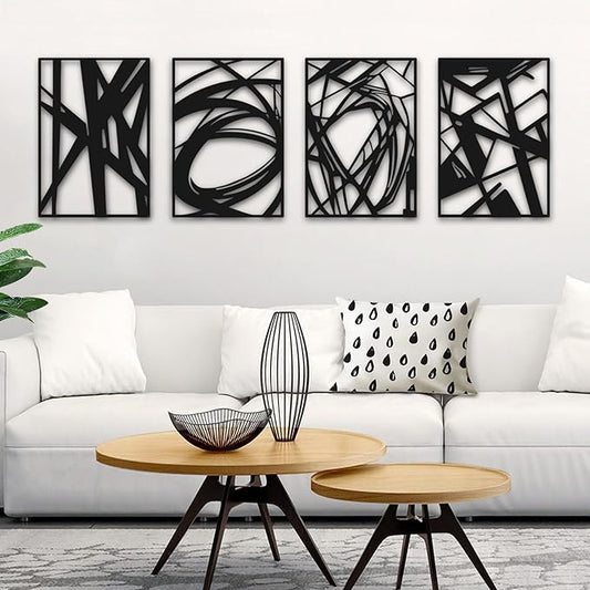 Bakovity Black Abstract Wall Art, Metal Art Wall Decor, Modern Large Wall Art, 3D Abstract Wall Sculptures for Bedroom Bathroom Living Room (4 Pack, 16 x 11 in)