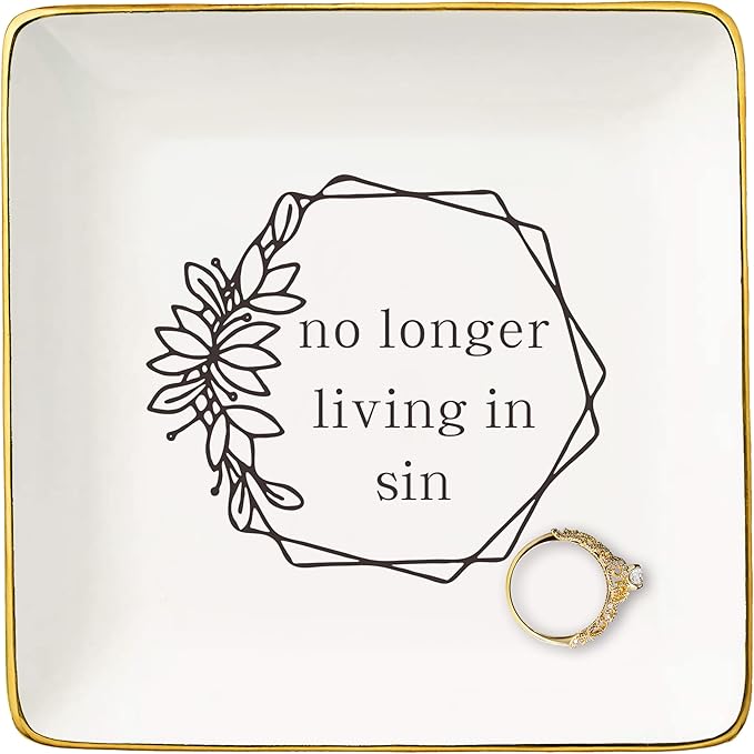 NZY Funny Engagement Newly Engaged Gifts for Woman-Wedding Gift for Bride-Anniversary-Bridal Shower Present-Bachelorette Party Present-Jewelry Tray Trinket Holder Ring Dish-No Longer Living In Sin