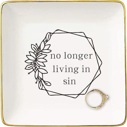 NZY Funny Engagement Newly Engaged Gifts for Woman-Wedding Gift for Bride-Anniversary-Bridal Shower Present-Bachelorette Party Present-Jewelry Tray Trinket Holder Ring Dish-No Longer Living In Sin