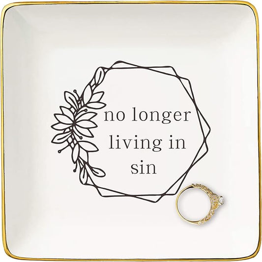 NZY Funny Engagement Newly Engaged Gifts for Woman-Wedding Gift for Bride-Anniversary-Bridal Shower Present-Bachelorette Party Present-Jewelry Tray Trinket Holder Ring Dish-No Longer Living In Sin