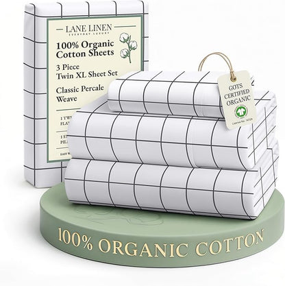 LANE LINEN 100% Organic Cotton Twin XL Bed Sheets, Sustainably Produced Okeo Tex Certified Cotton Sheets, Luxury Hotel Percale Soft & Comfy Comes in Variety of Prints & Colors - Windowpane