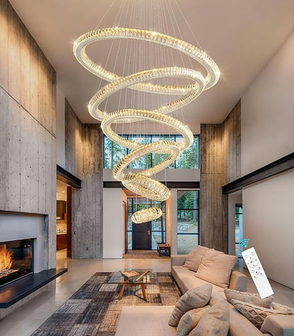 Modern Chandelier 8"+16"+24"+32"+40"+47" 6 Rings Crystal LED Dimmable Lighting Foyer Entryway High Ceiling Living Room Chanderliers Pendant Lights Fixtures Silver Light