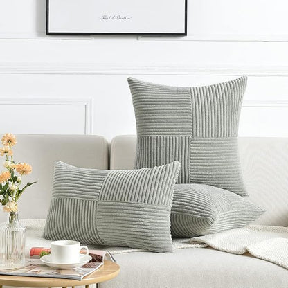 Fancy Homi 2 Packs Grey Big Decorative Throw Pillow Covers 24x24 Inch for Couch Bed, Rustic Farmhouse Boho Home Decor, Soft Corss Corduroy Patchwork Accent Square Gray Cushion Case 60x60 cm