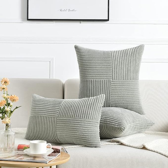 Fancy Homi 2 Packs Grey Samll Decorative Throw Pillow Covers 12x12 Inch with for Living Room Couch Bed, Rustic Farmhouse Boho Home Decor, Soft Corss Patchwork Corduroy Square Cushion Case 30x30 cm