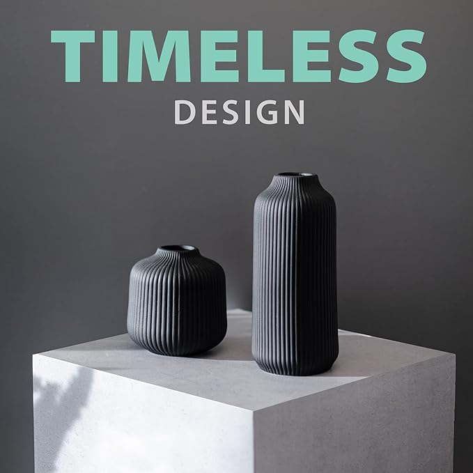 Ceramic Vases in Nordic Style, Modern Vase Deco for Pampas Grass, Boho Deco for Windowsill, Vases Set in Black Matt, Flower Vase as Home Decoration for Fresh Flowers, Dried Flowers, Set of 2