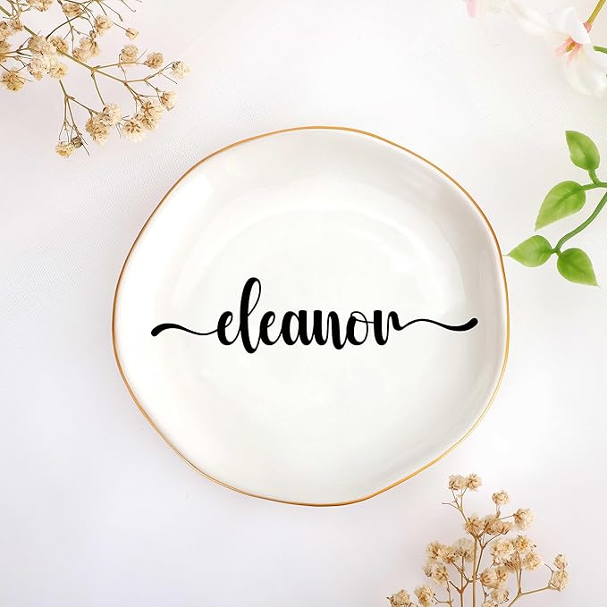 JoycuFF Eleanor Personalized Name Ceramic Jewelry Tray, Mothers Day Christmas Anniversary Engagement Birthday Gifts for Women Couples, Trinket Dish for Rings Earrings Necklaces Bracelets Keys