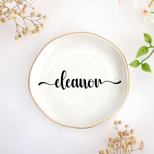 JoycuFF Eleanor Personalized Name Ceramic Jewelry Tray, Mothers Day Christmas Anniversary Engagement Birthday Gifts for Women Couples, Trinket Dish for Rings Earrings Necklaces Bracelets Keys
